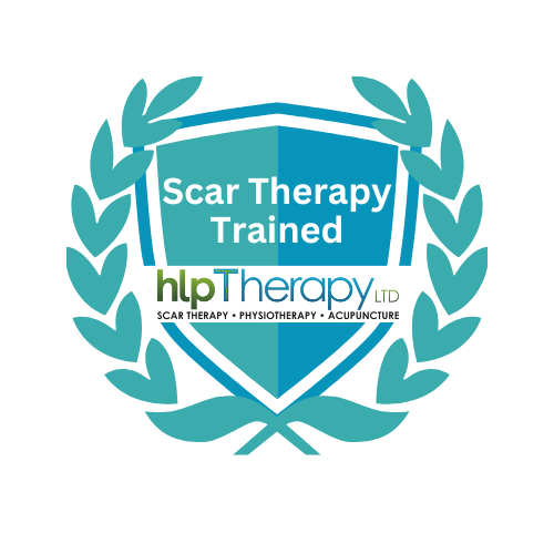 A logo stating 'HLP Therapy trained' - HLP Therapy is the leading scar expert in the UK