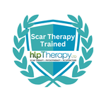 A logo stating 'HLP Therapy trained' - HLP Therapy is the leading scar expert in the UK